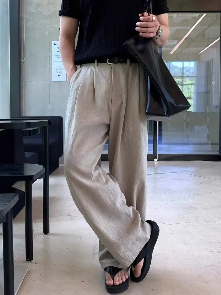 Linen Casual Pants Men's 2026 Summer Thin Double-pleated Drape Straight Loose Wide-leg Trousers