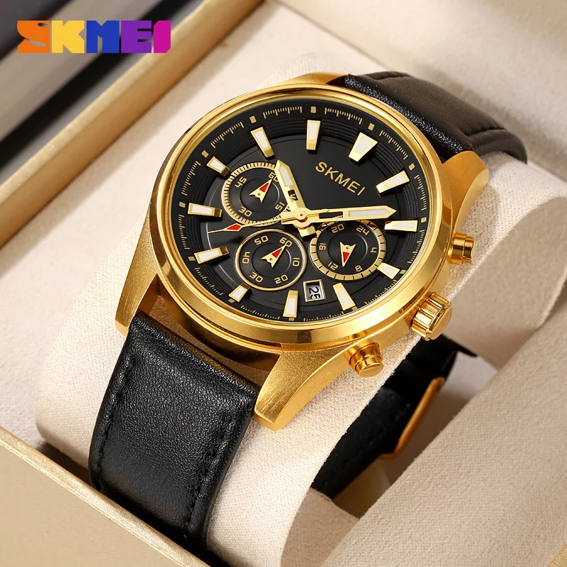 SKMEI Brand Fashion Luxury Original Swiss Quartz Men Watch Leather Business Sport Waterproof Date Chronograph Wristwatch For Men