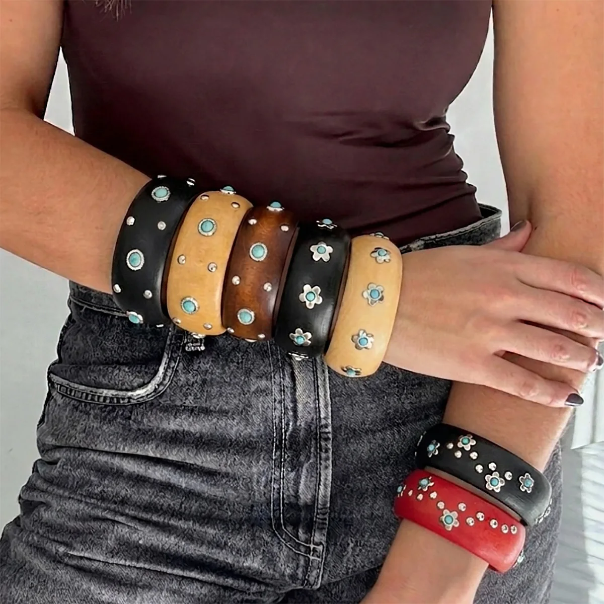 Bangle Wooden Western Distressed Micro Pave Floral Stud Ethnic Brown Tone Premium Quality Comfortable Jewelry for Women
