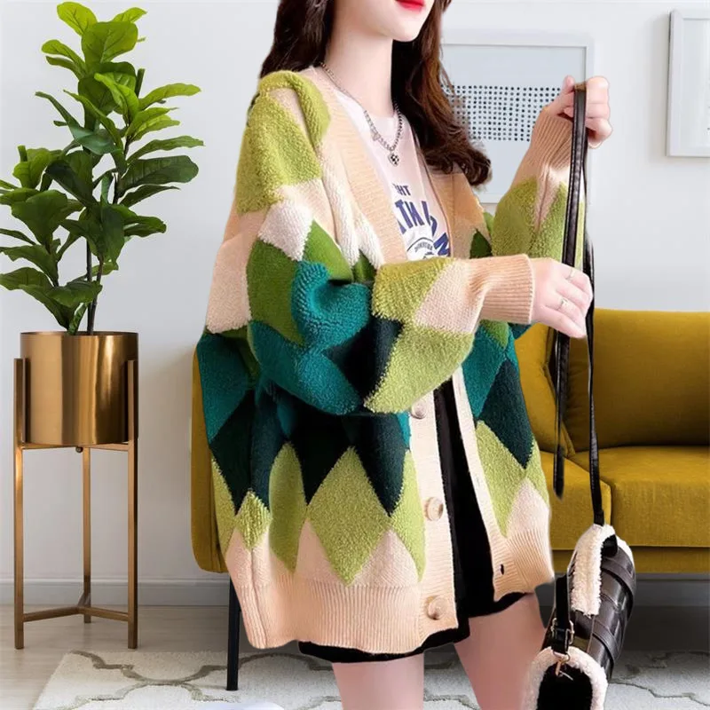 Sweater Women 2024 Fashion Spring Autumn New Loose Color Contrast Diamond Plaid Cardigan V-neck Knitted Cardigan Women BD4082