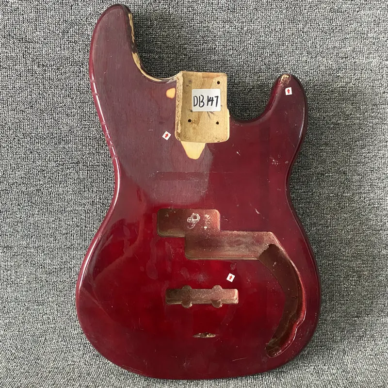 DB147 Unfinished Electric Bass Guitar Body in Solid Wood PJB Bass in Wine Red Solid Basswood for DIY Replace with Damages