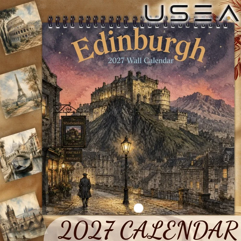 2027 Edinburgh Wall Calendar, Monthly Planner, Twin Wire Spiral, Large Writable Blocks,US Holidays,European City Aesthetic Decor