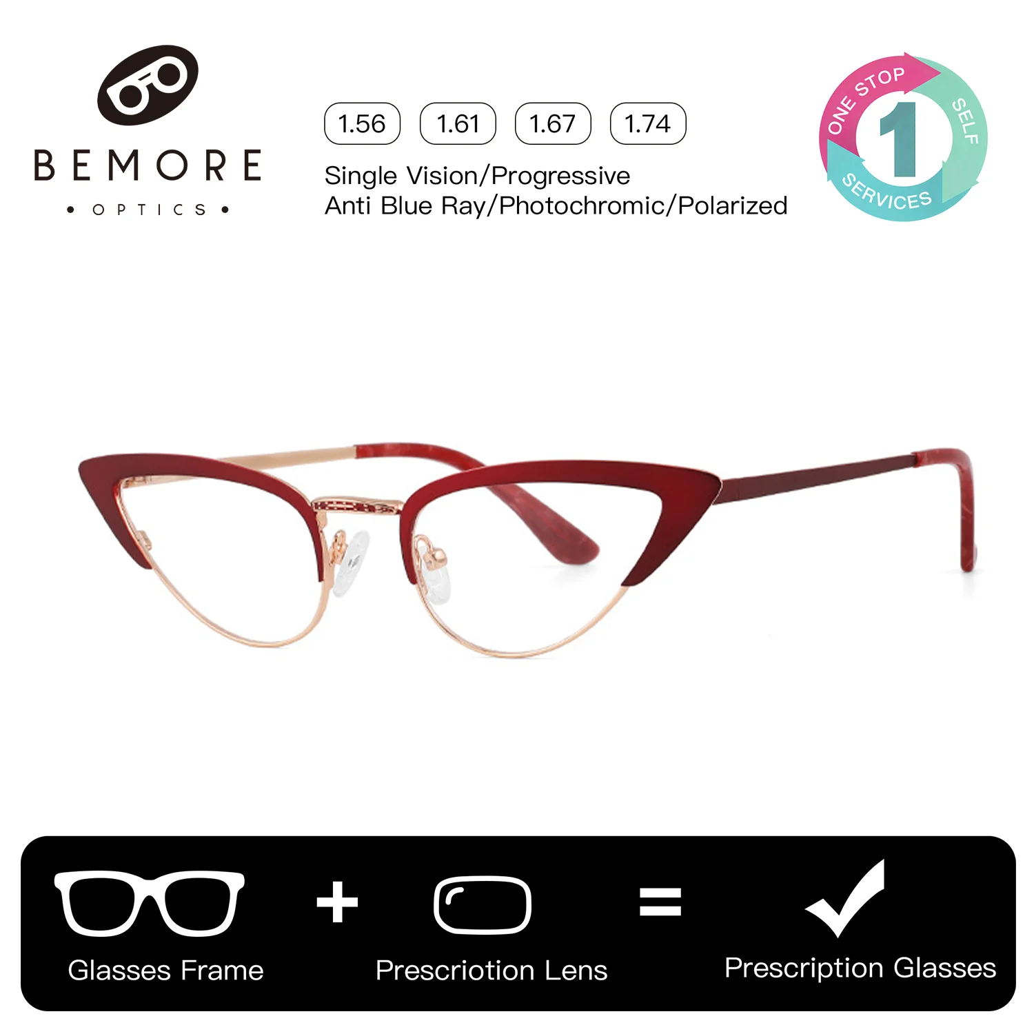 Lunettes de vue photochromiques anti-lumière bleue BEMORE Cat Eye Minus Prescription, monture métallique, verres progressifs pour femme
