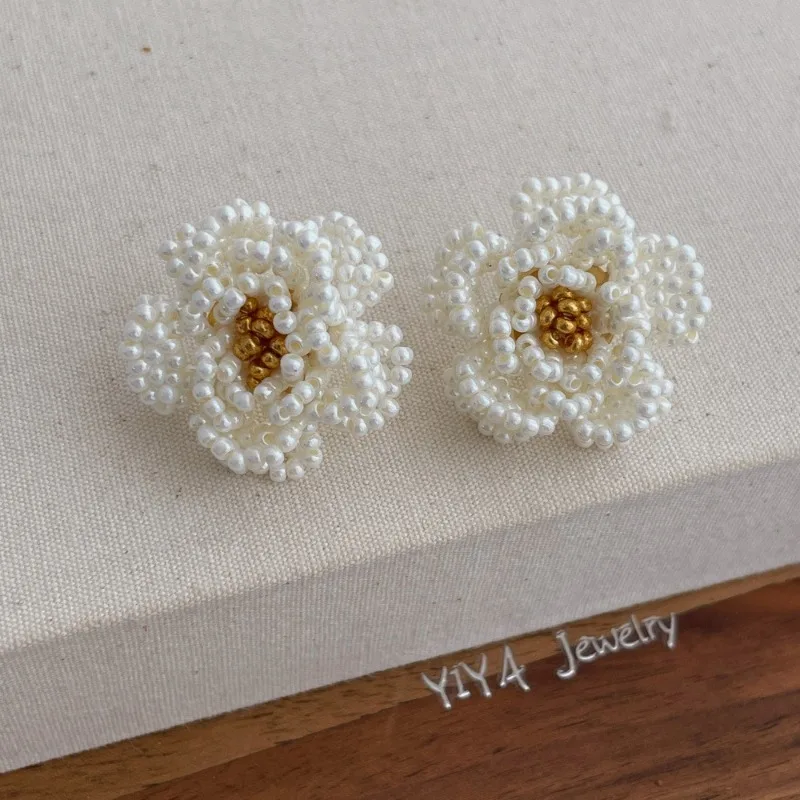 Minar Elegant Simulated Pearl Beads Strand Knitted Flower Camellia Dangle Earrings for Women Real Gold Plated Copper Jewelry view 5