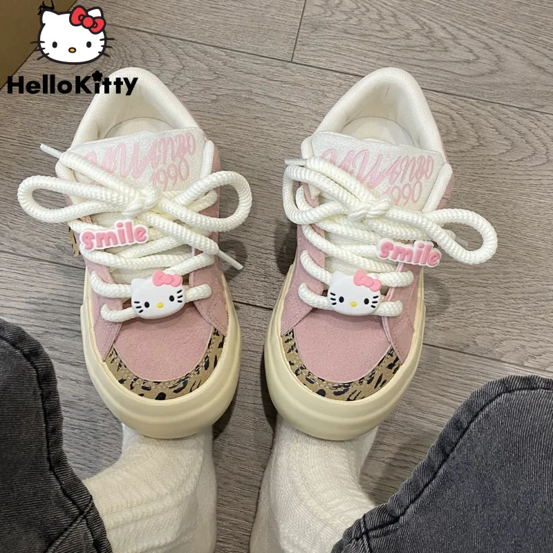 Sanrio Hello Kitty Pink Leopard Bread Shoes For Women 2024 New Fashion Versatile Sneakers Luxury Aesthetic Thick Sole Shoes Y2k