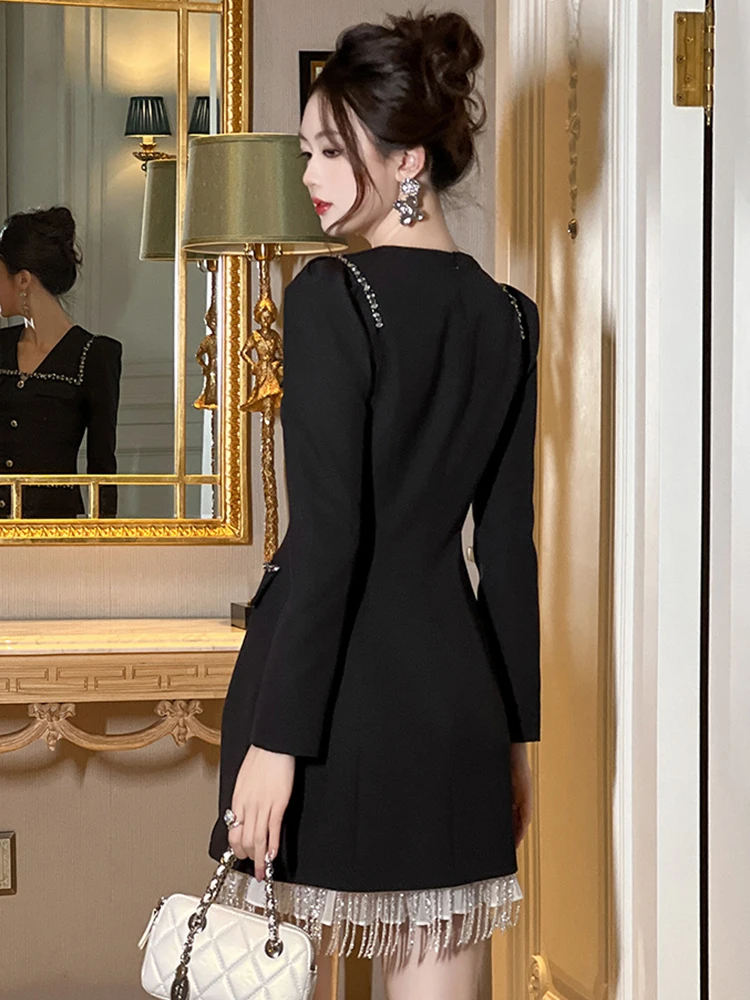 Women Clothes Black Vintage Sparkly Diamonds V-Neck Slim Mini Short Dress Elegant Party Prom Vestido Fashion Formal Occasion New