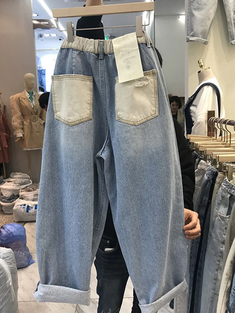 

Прибытие, потертые модные уличные джинсы для женщин, весенние прямые повседневные свободные синие джинсовые брюки с высокой талией на молнии JJ236