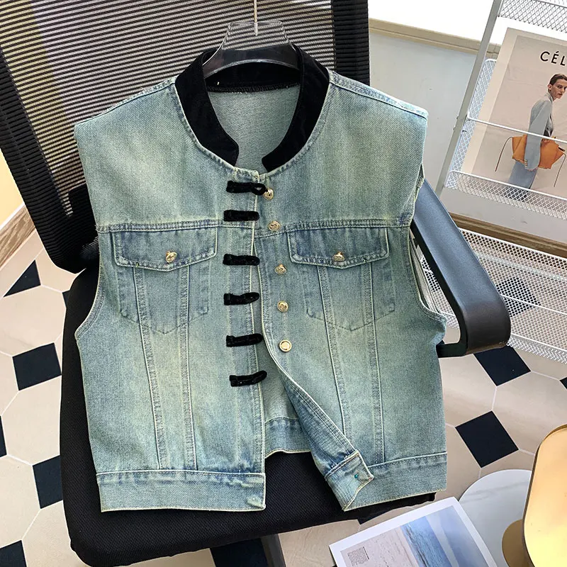 

Ретро-стильная уличная джинсовая куртка с цветными блоками для женщин, летний топ с пуговицами, прямой крой, универсальная верхняя одежда