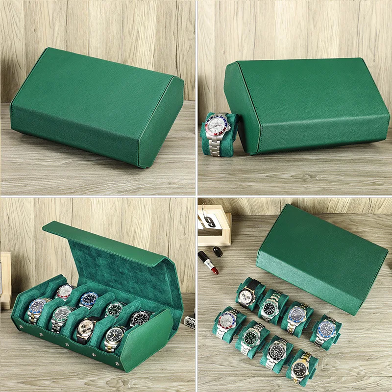 Exquisite Green Genuine Leather Hexagon Watch Display Case 2 / 3 / 4 / 6 / 8 Slots Watches Roll Box Storage Organizer Holder