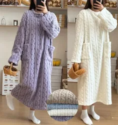 2026New Winter Warm Flannel O-Neck Long Sleeve Dress Casual Oversize Sleepwear Loose Thick Long Dress Lady Pajamas Chic Homewear