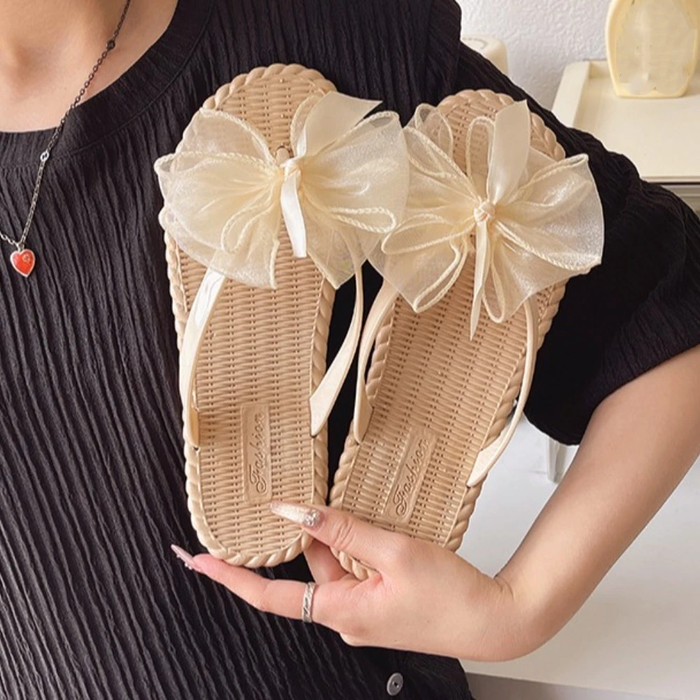

Open-toe Mesh Bow Slippers Waterproof Streetwear Platform Flip Flops Outer Wear Shoes Non-Slip Seaside Slides Sandals Summer
