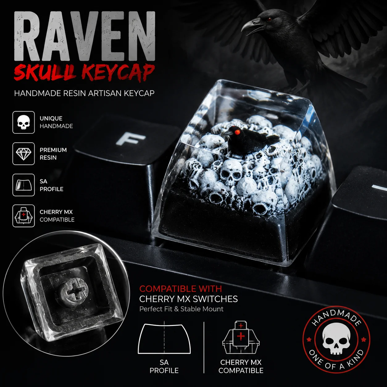 

Custom Resin Artisan Keycap Blood-Eye Crow Design,SA Profile Mechanical Keyboard Keycap, Fits Cherry MX and Compatible Switches