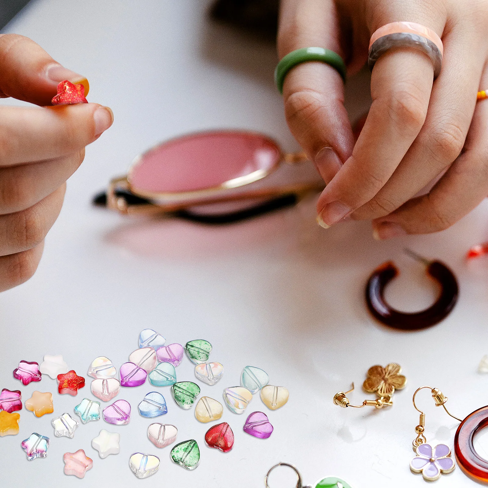 

200Pcs Colorful Glass Stars Hearts Spacer Beads for Crafting DIY Jewelry Making Bracelets Necklaces Earrings Kids Creative Art