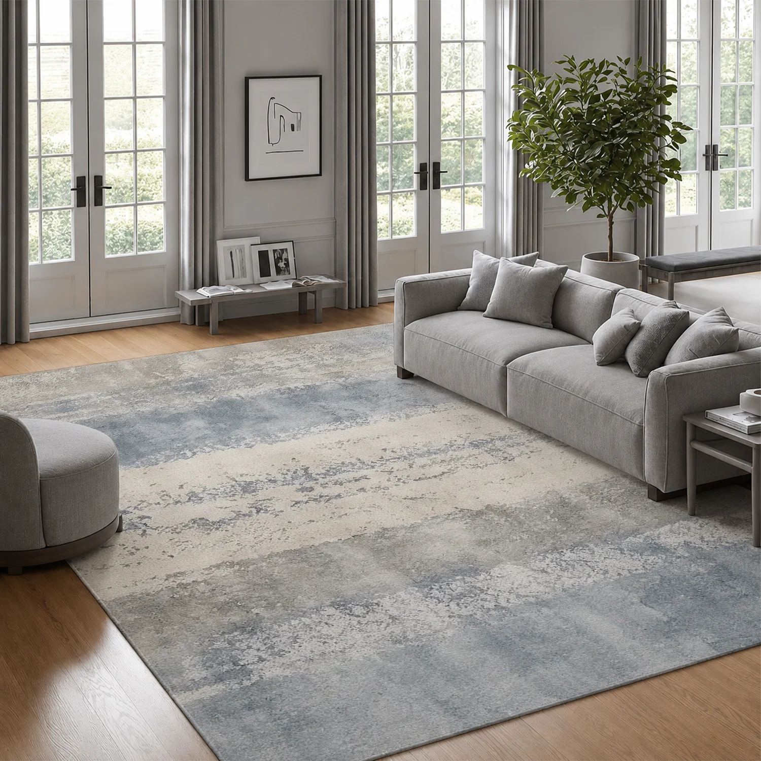 Large Indoor Area Rug, Soft Velvet Low Pile Rug with Non-slip Dotted Backing, Machine Washable Abstract Vertical Striped Rug in Light Blue Gray Beige for Living Room Bedroom Home Decor