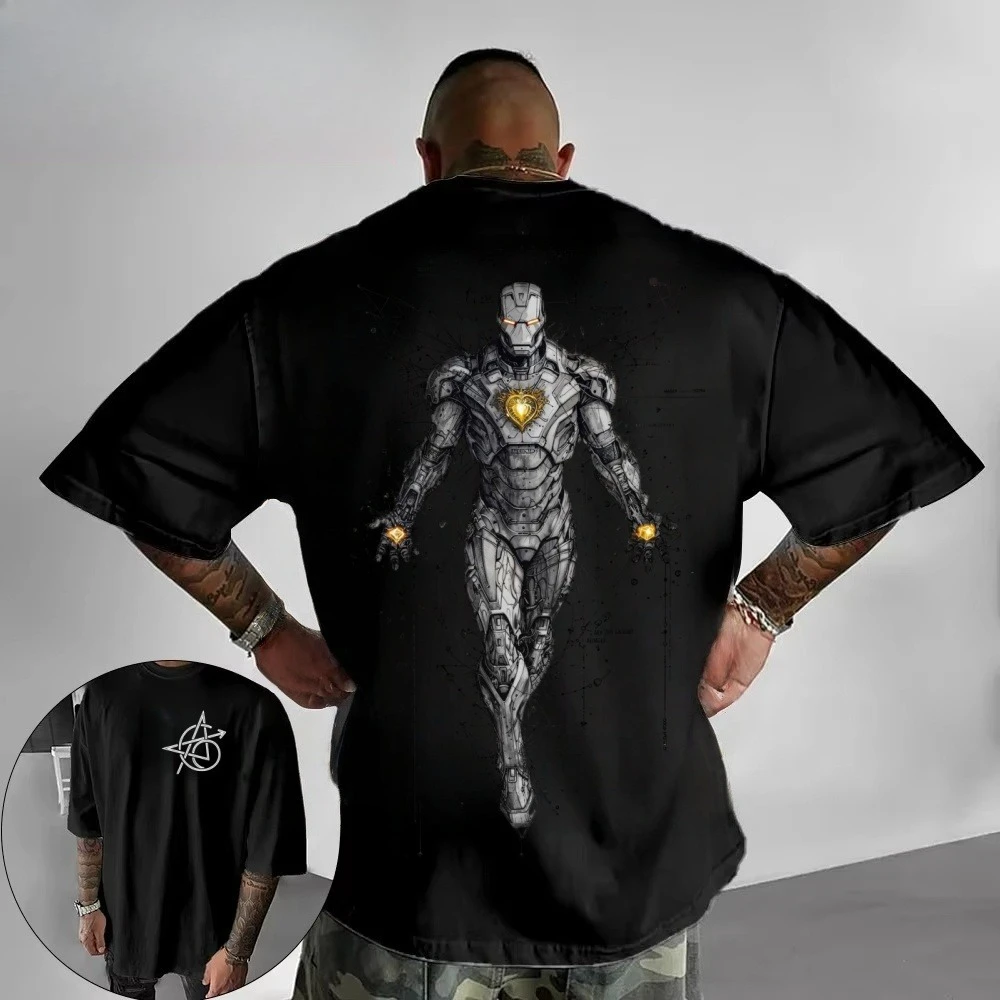 2026 New Cyberpunk Iron Man Tech Line Art Back Print T Shirt Men Summer Cotton Short Sleeve O Neck Oversized White Casual Tops view 2
