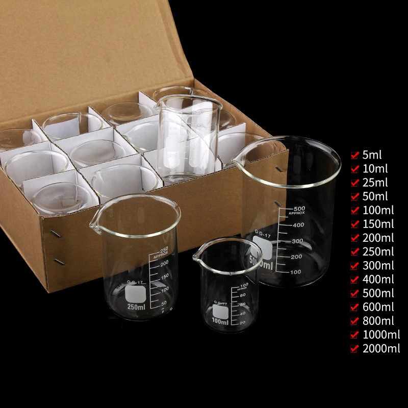 

A box of low-profile beakers 5/10/25/50/100/150/200/250/300/400/500/600/800/1000ml glass with scale and high temperature