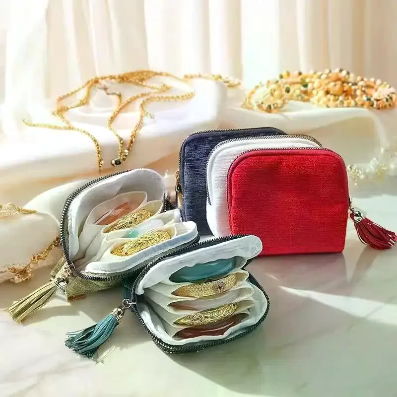 Jewelry Storage Bag With Tassel Pendant Multi Layer Lining Ring Necklace Packaging Large Capacity Travel Bracelet Storage Pouch