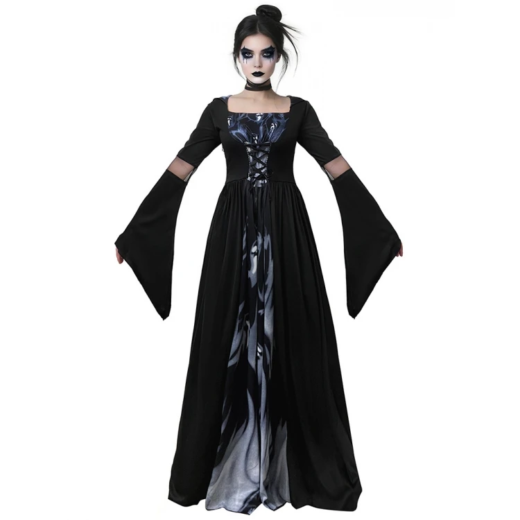 Halloween Hexe Dr mit Kapuze Skelett Hexe Lang Dr Performance Kostüm Bühnenoutfit Traditionelle Damenbekleidung