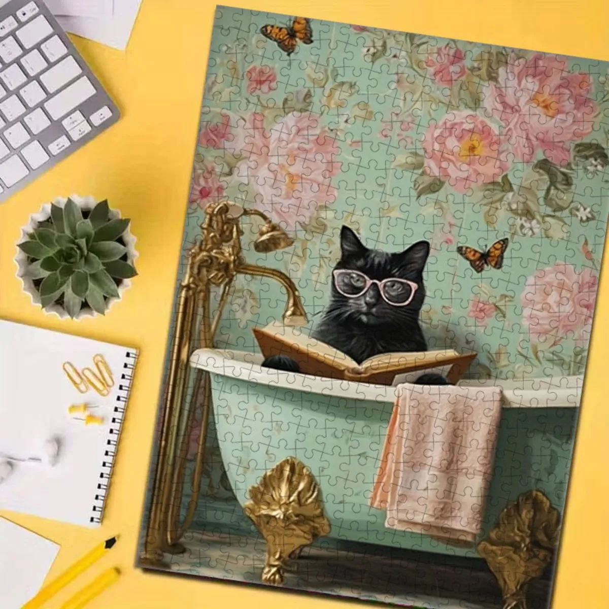 Rompecabezas de papel de 1000 piezas |   Lindo gato negro que lee en la bañera, fondo floral, rompecabezas para adultos de diversión familiar, 27,56 x 19,69 pulgadas,