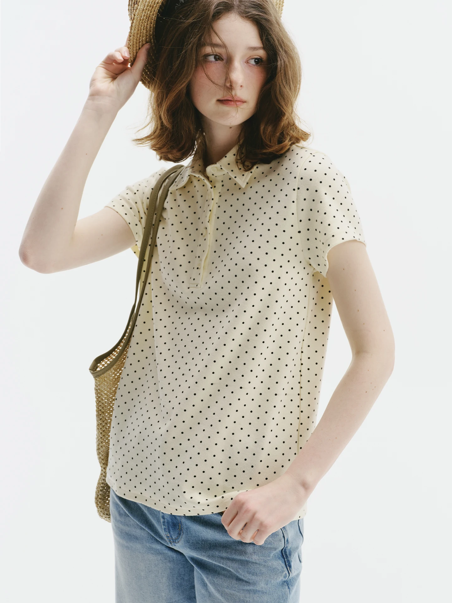 UNRETRO Summer Vintage Polka Dot Print Collared Short Sleeve Women's T-shirt Sweet Cool Girl Half Open Cardigan Shoulder Fit ...