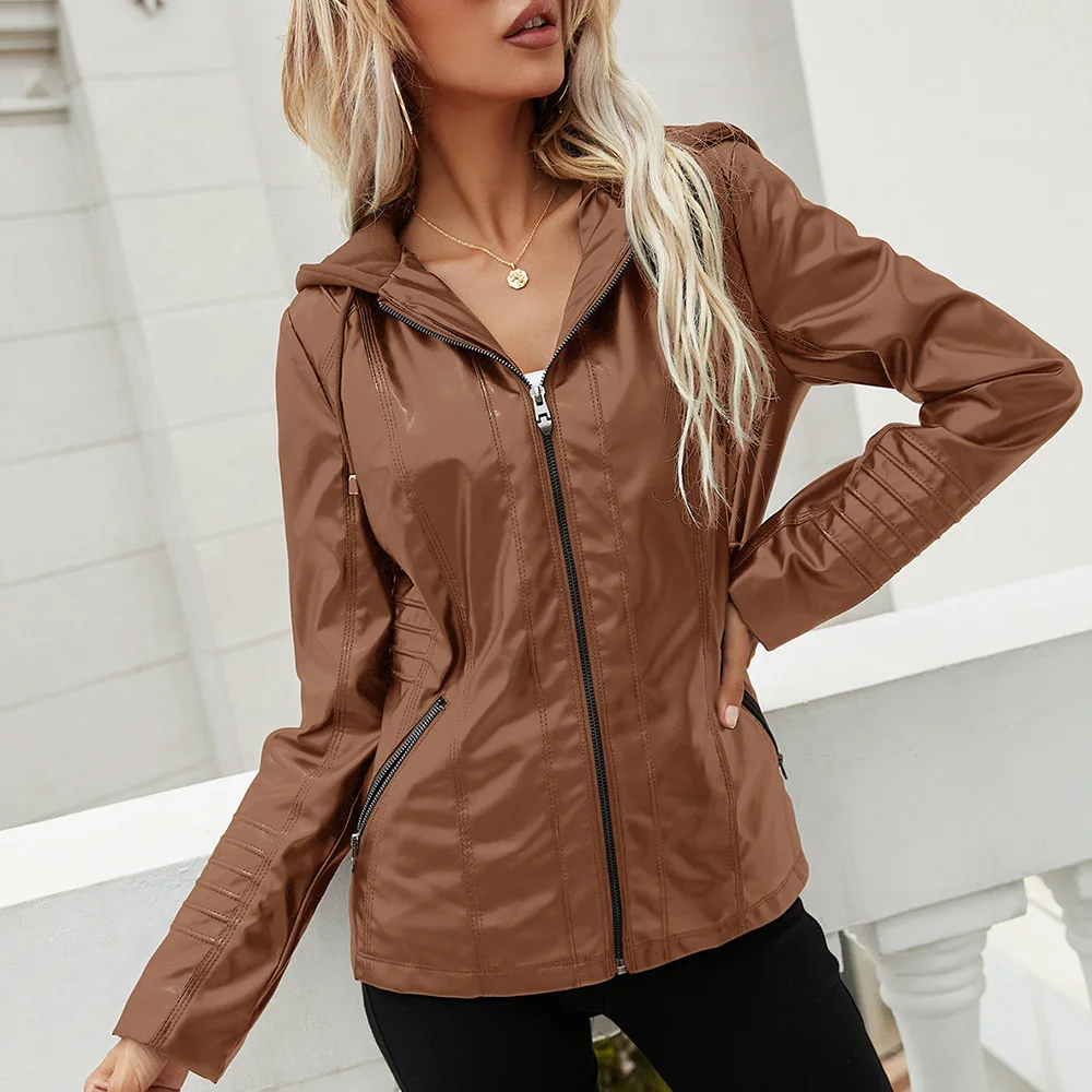 Leather Hooded Jackets Zipper Long Sleeve Solid Women\'s Leather Jacket Fashion Street Trend Motorcycle Outerwear Coat Clothing