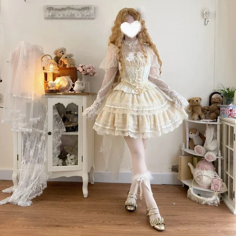 

25Lolita Women's Skirt Set New Spring Summer Girls Flower Wedding Jsk Sling Dot Lace Mesh Inner Top High Waist Short Set Outfits