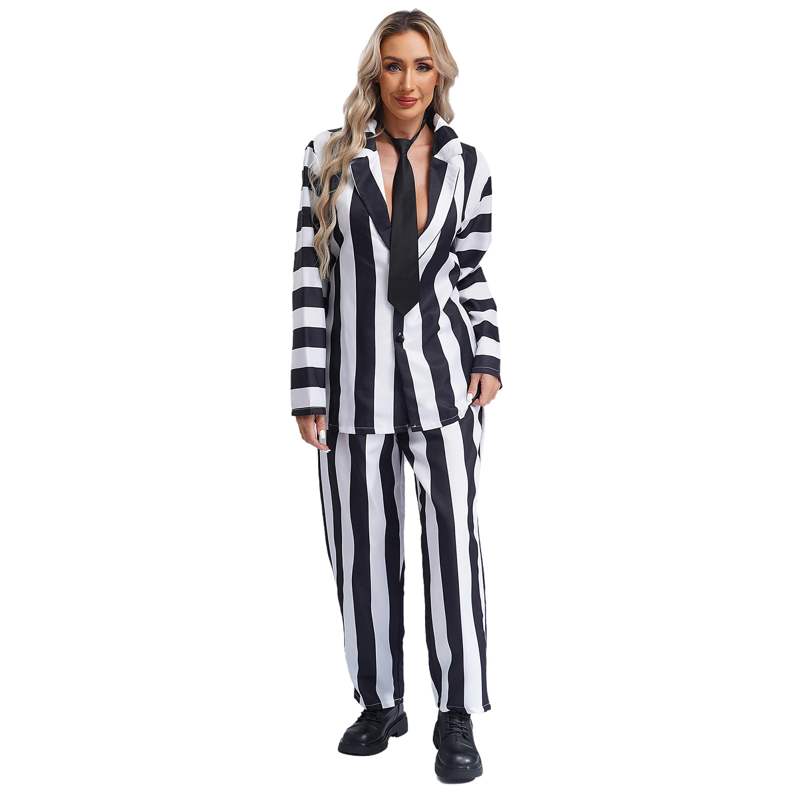 Womens Adult Spooky Movie Infernal Master Cosplay Striped Costumes Long Sleeve Blazer Necktie And Long Pants Horror 3-piece Suit