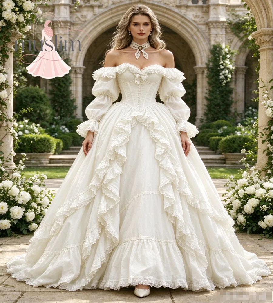 Vintage Ivory Victorian Wedding Dress 2027 Puffy Bishop Sleeves Lace Ruffle Corset Bridal Gowns Celtic Castle Forest Custom