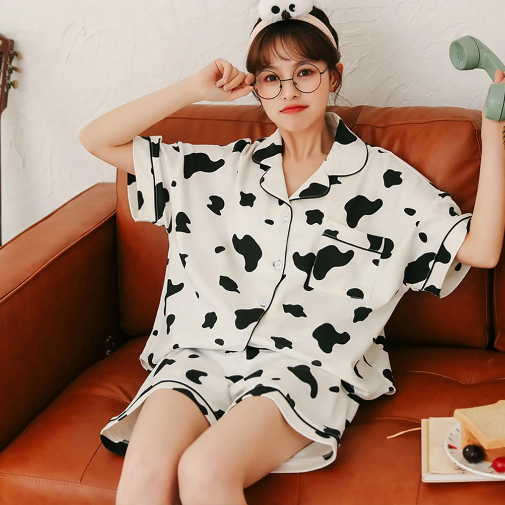 Womens Cotton Nightgown Womens Pajama Set Two Piece Cow Print Short Sleeve Sleepwear Loungewear Button Down Tops Shorts Summer