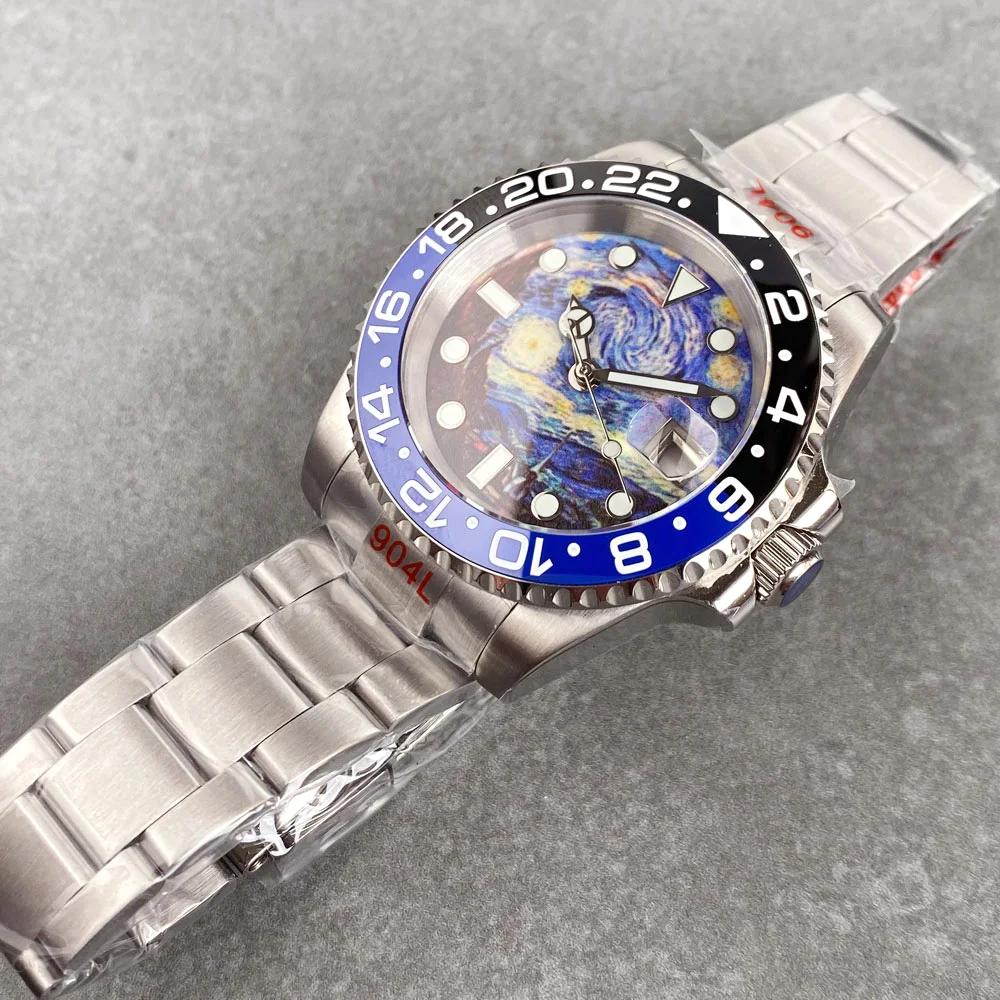 Tandorio 40mm Automatic Men\'s Wristwatch NH35 Movement Starry Design Dial 120 Clicks Rotating Bezel Bracelet Band