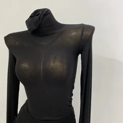 Thin Soft American Long Sleeve T-shirt High Stacked Neck Tight Perspective Bottom Shirt Women's Slim Fit Tops Sexy Streetwear