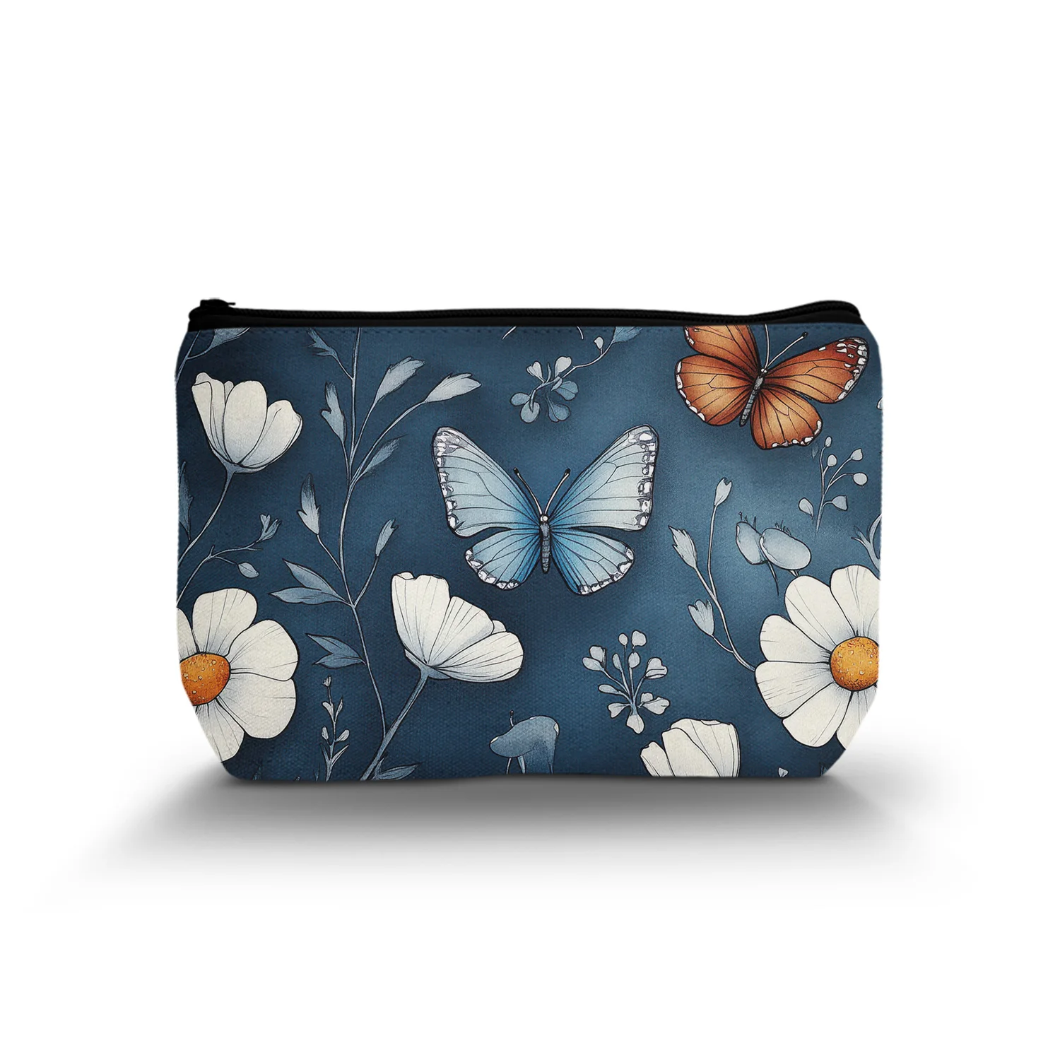 1Pc Charming Blue Butterfly Flower Cosmetic Bag Durable And Stylish With Zipper Portable Women'S Cosmetic Bag Suitable For