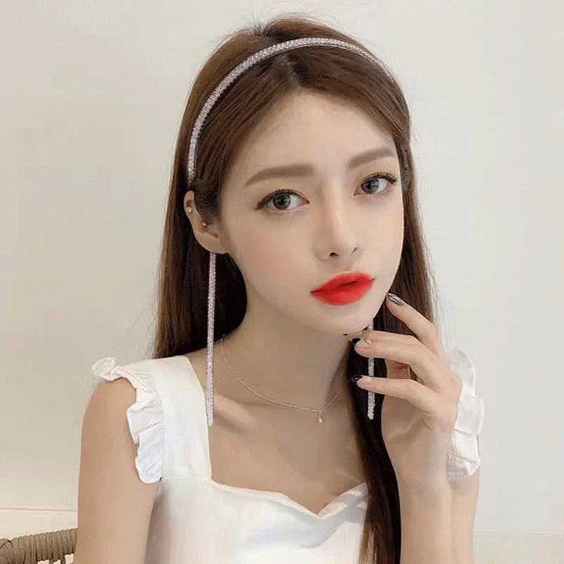 Korean Trend Full Rhinestone Long Tassel Hairband Women Hair Accessories Metal Silver Crystal Bezel Hoop Luxury Wedding Jewelry