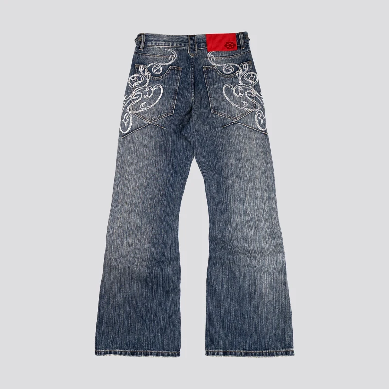 Jean Bootcut Y2K Bleu Délavé Vintage Brodé Homme Femme Pantalon Harajuku High Street Streetwear Unisexe Décontracté