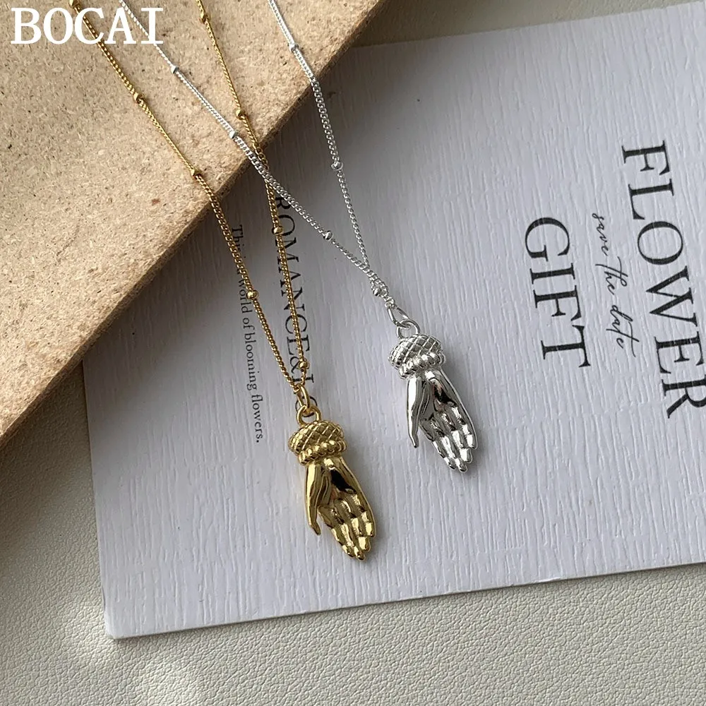 

BOCAI NEW S925 Pure Silver Fashionable And Versatile Grid Pattern Mirror Finish Palm Necklace Pendant Women's Gift