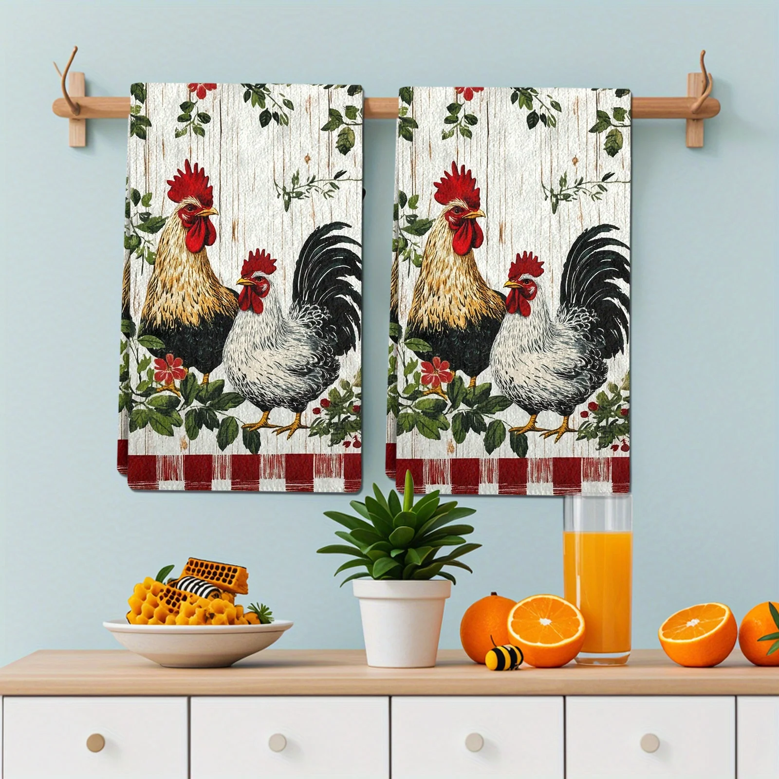 2 pieces chicken kitchen towel - green leaf red and white lattice design super absorbent microfiber material