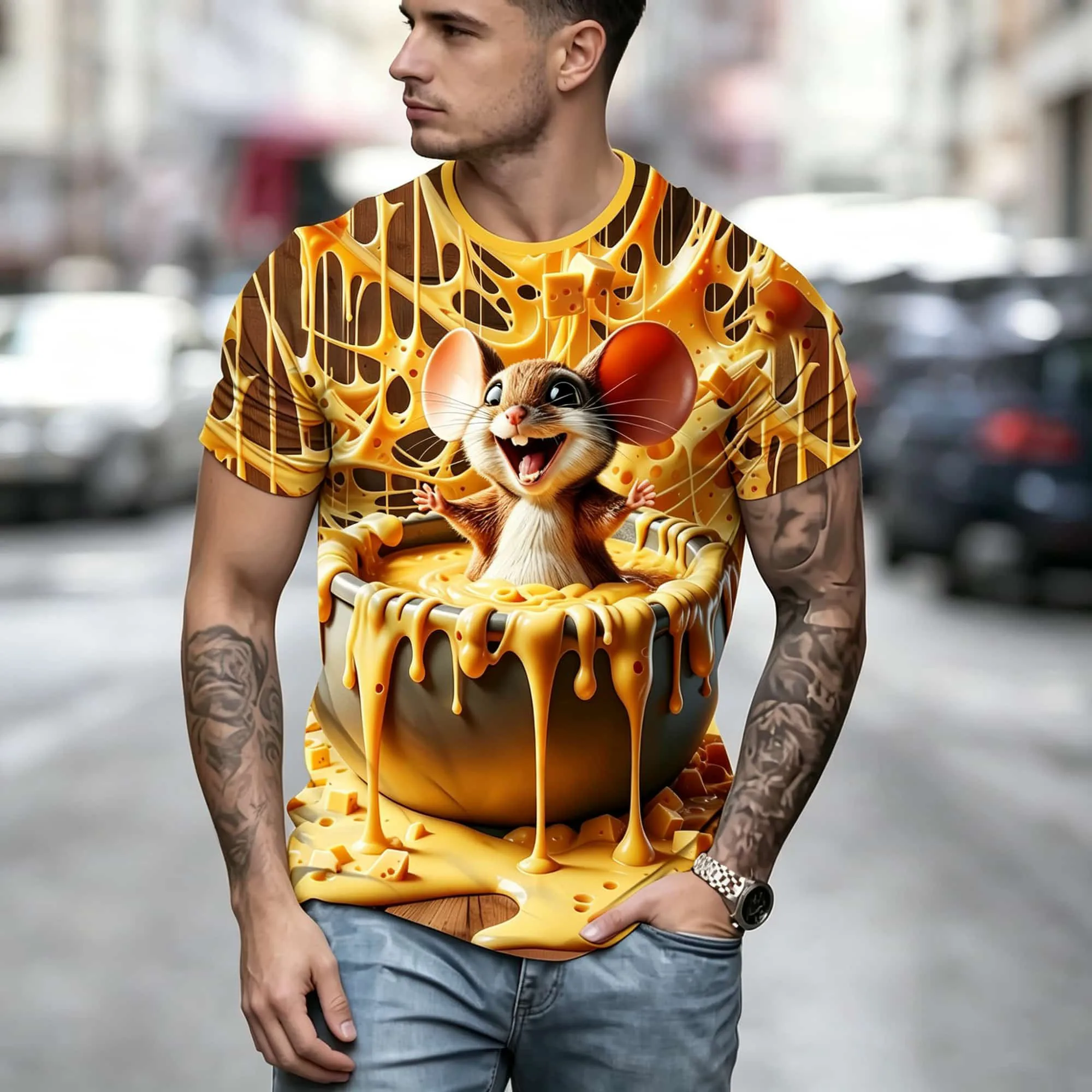 3D Cartoon Mouse Cheese Print T Shirt for Men Funny Animal Graphic Tees Harajuku Style Streetwear Short Sleeve Summer Clothing