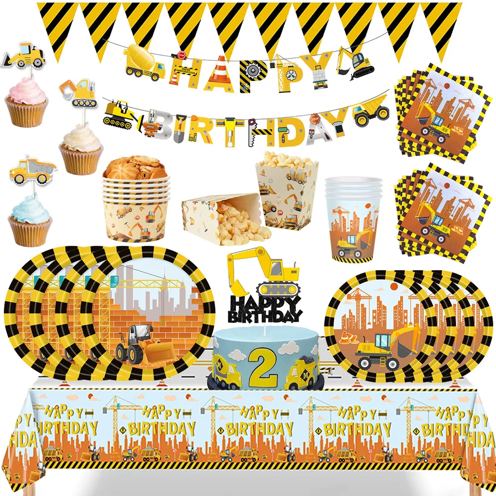 Juego de vajilla desechable de la serie Bulldozer de construcción, vasos de papel, platos, excavadora, camión, globo, decoración de fiesta de cumpleaños para niño