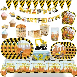 Construction Bulldozer Series Disposable Tableware set Paper Cups Plates excavator Truck Balloon Boy's Birthday Party Decoration