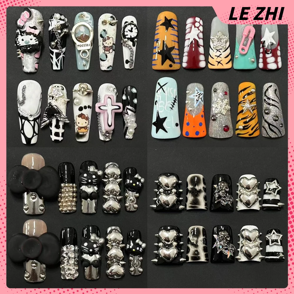

10Pcs Dark Spicy Girl Style Handmade Nails Party Sticker Heavy Metal Chain Diamond Pearl Duck Bill Long Square Full Cover Nails