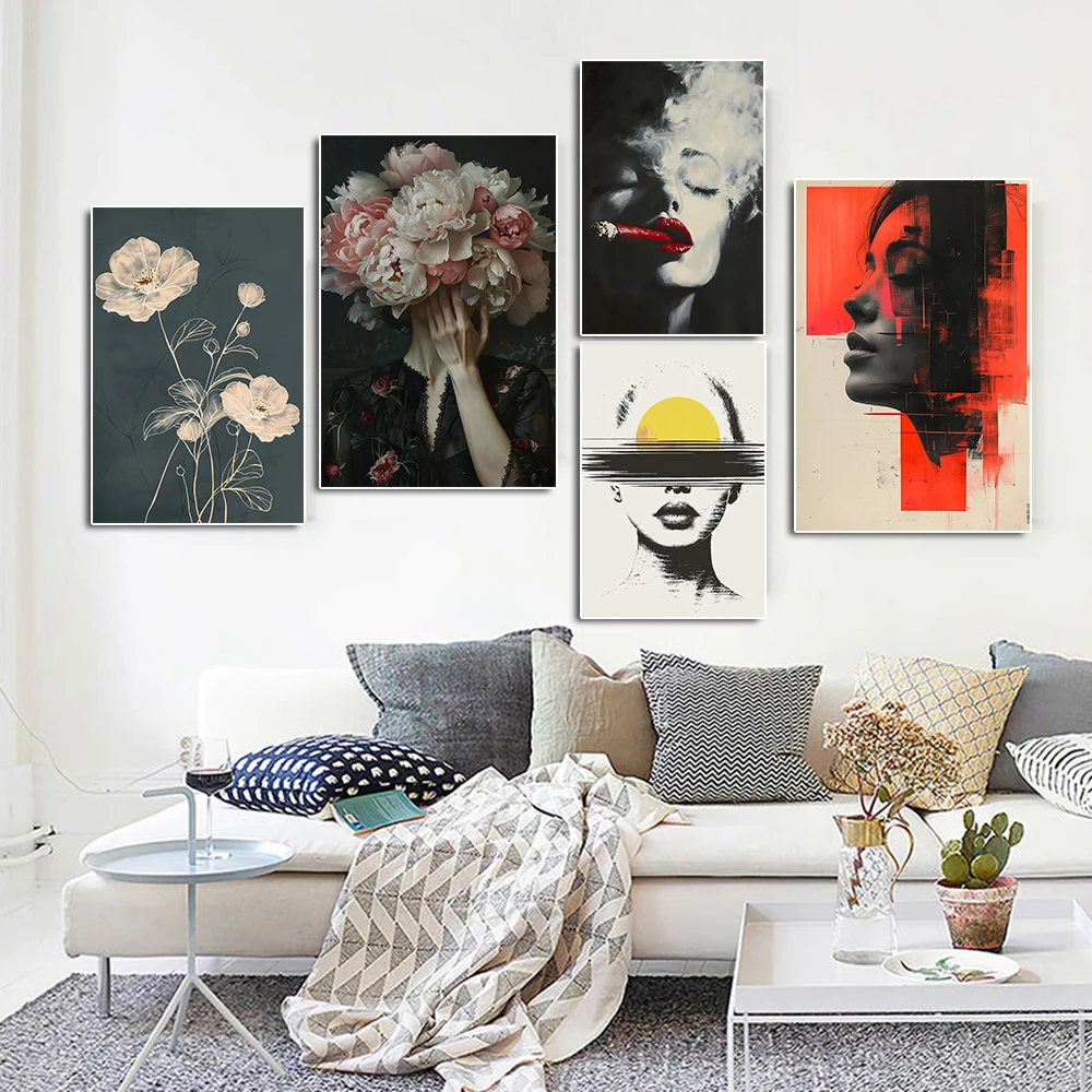 

Abstract Smoking Woman Portrait Canvas Painting Sexy Girl Red Lips Poster Flower Minimalist Wall Art Living Room Home Decoration