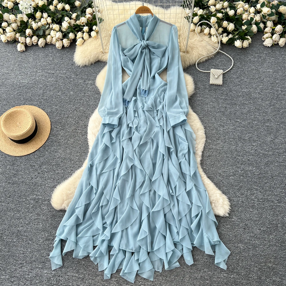 2025 Holiday Style Bow Tie Long Sleeve Maxi Dress Women's Autumn Elegant Irregular Ruffle Long Dress