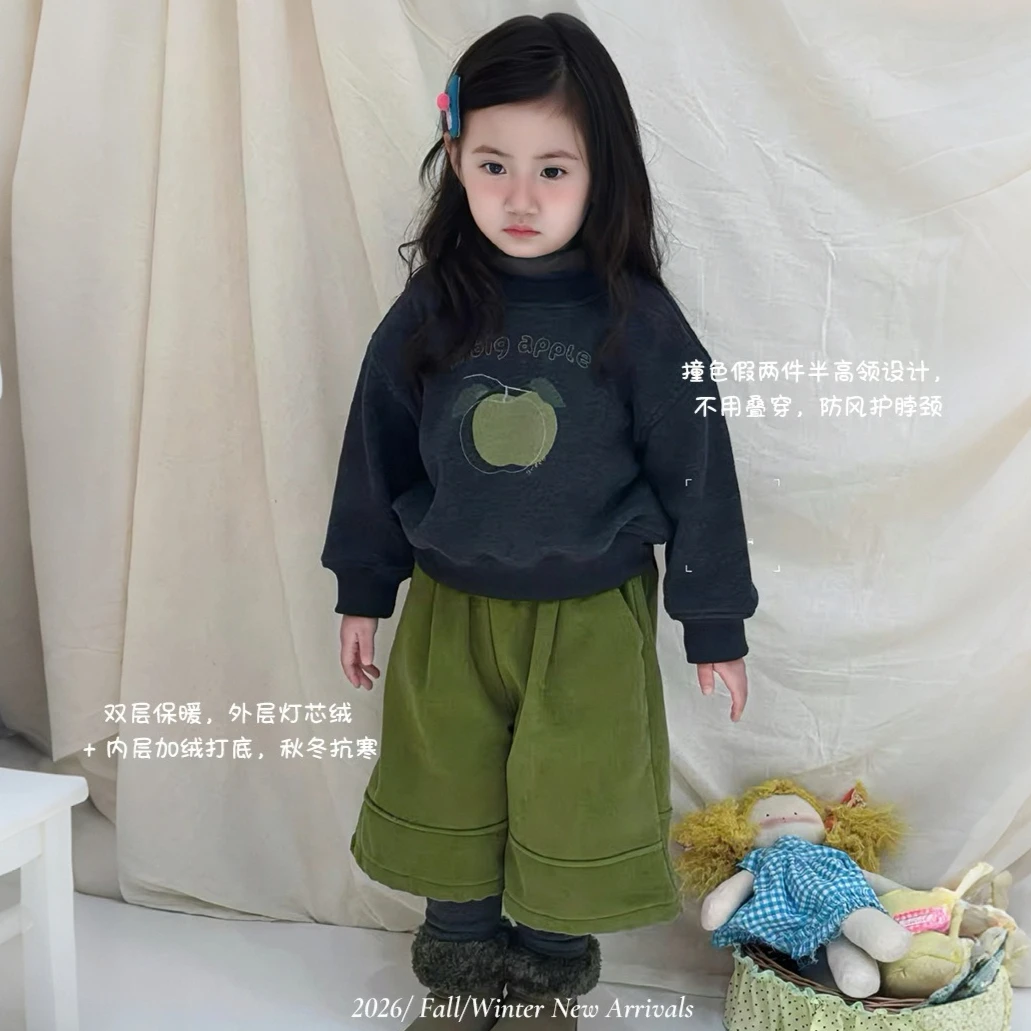 Girls' Suit 2026 Autumn/winter New Children's Wear Korean Style Girl Baby Retro Apple Hoodie Corduroy Pants Two-piece Set