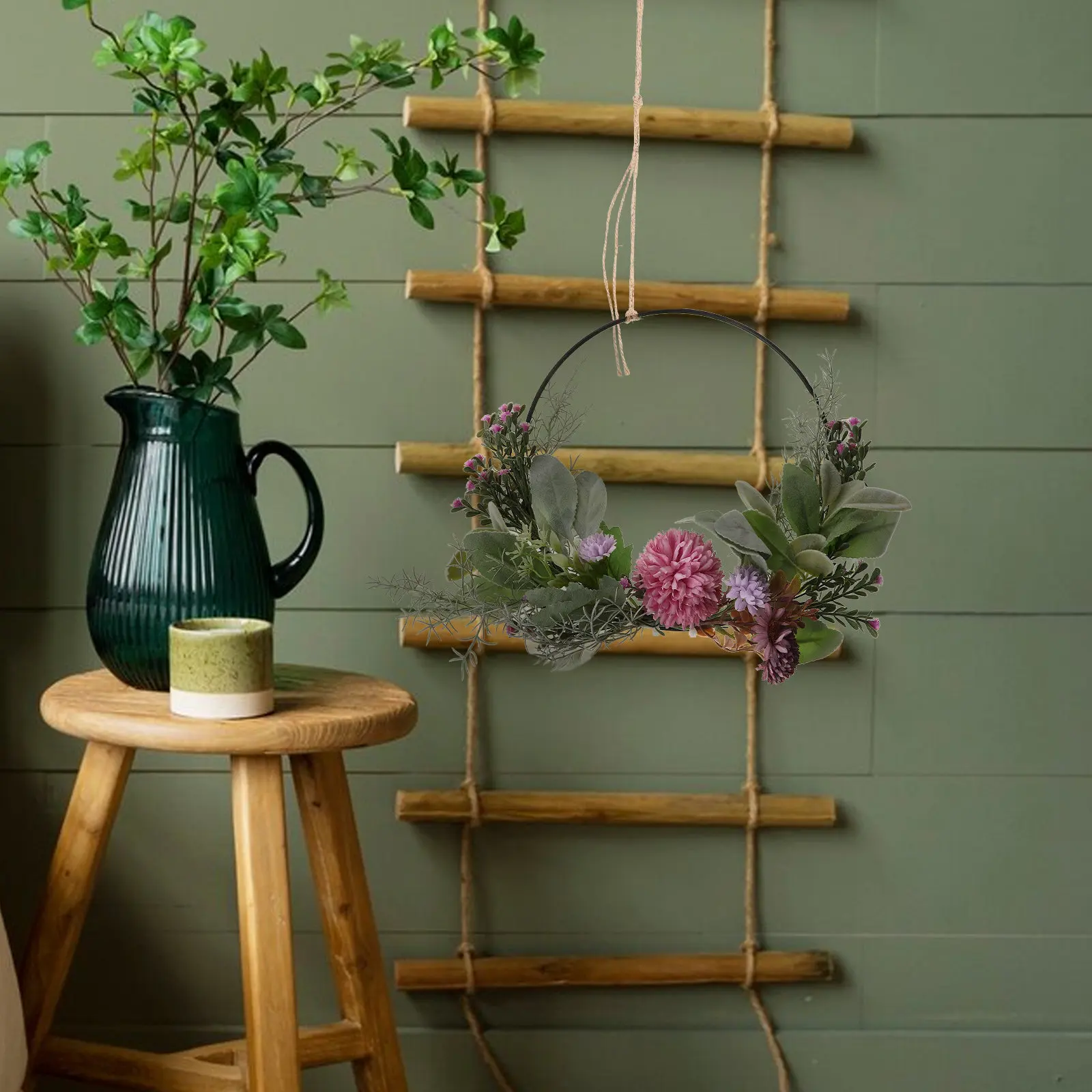 

Искусственный венок в скандинавском стиле с реалистичными эвкалиптом и цветами для входной двери, гостиной, спальни, декора на все сезоны