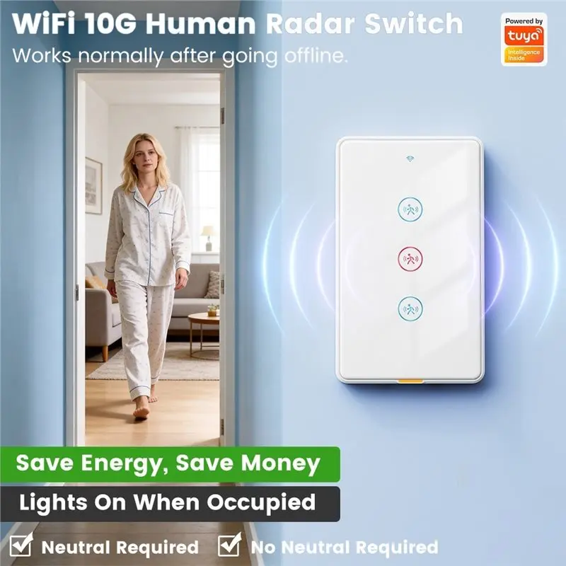 3CGRO-Tuya Home Wifi Radar Induction Touch Wall Light Switch US Standard Single & Neutral Wire App Control US Plug