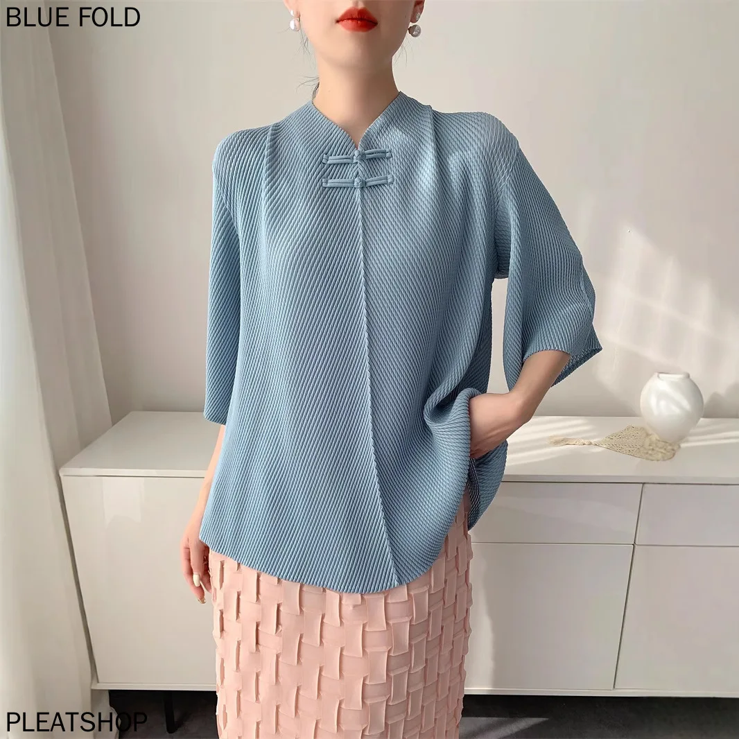 Miyake Pleated Fish Scale Pleated National Style Buckle Summer Pleated Top Women's Comfortable Casual Slit Loose T-shirt