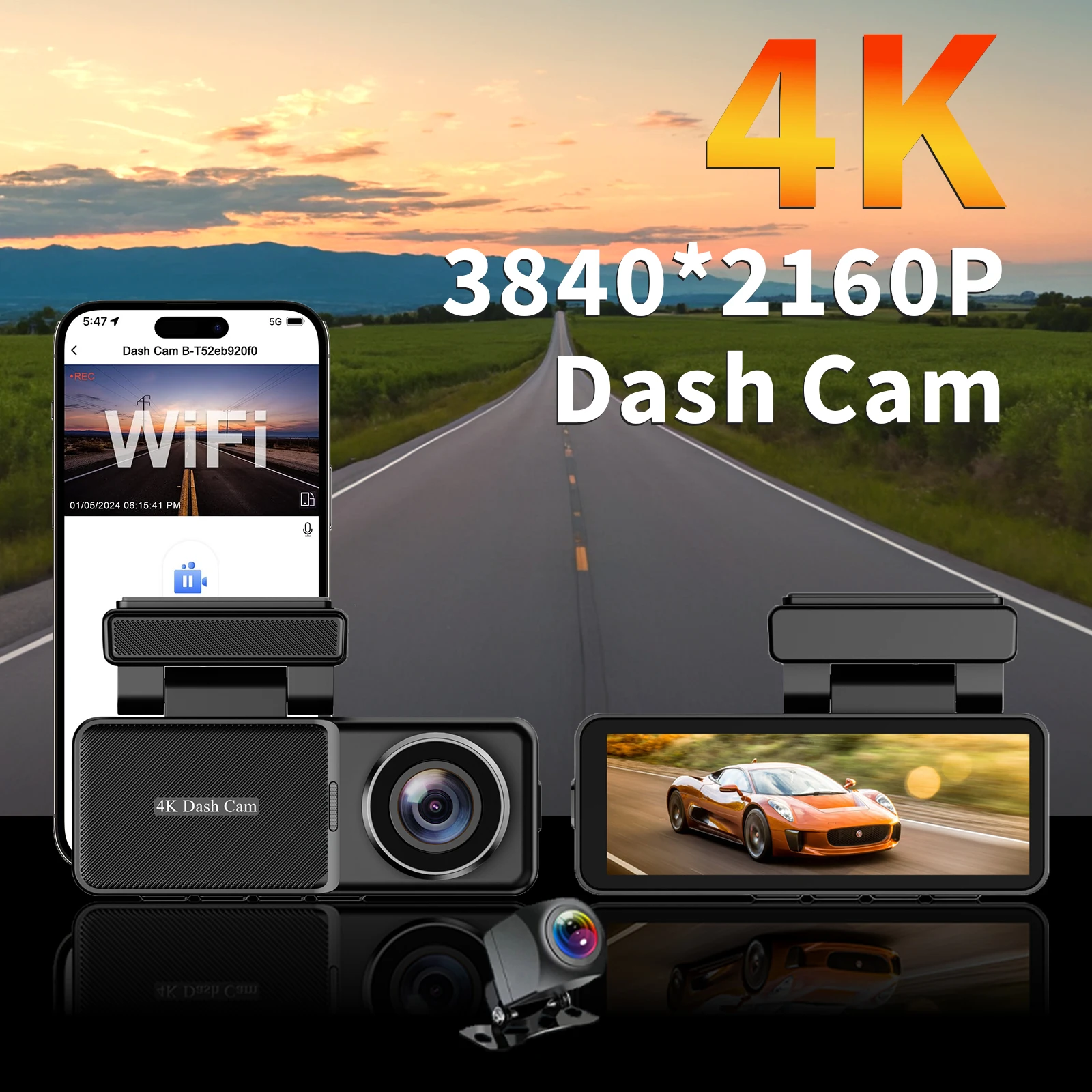 UHD 4K 3.2Inch Dash Cam Hidden Car DVR Mobile WiFi app Control WDR Video Recorder Night vision Ftont Rear 2Channel Black Box