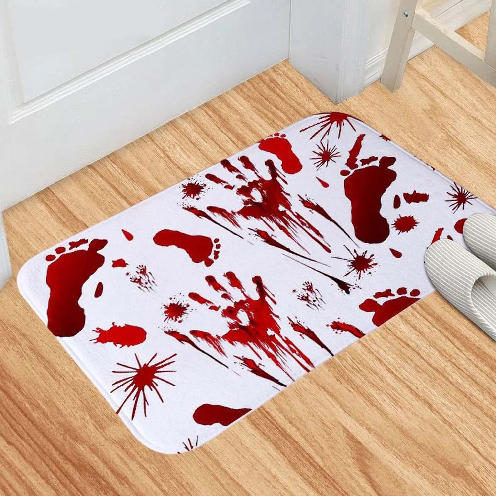 Halloween Bloody Handprint Bathroom Mat, Flannel Absorbent Floor Mat, Non‑Slip Door Mat for Bathroom Entrance