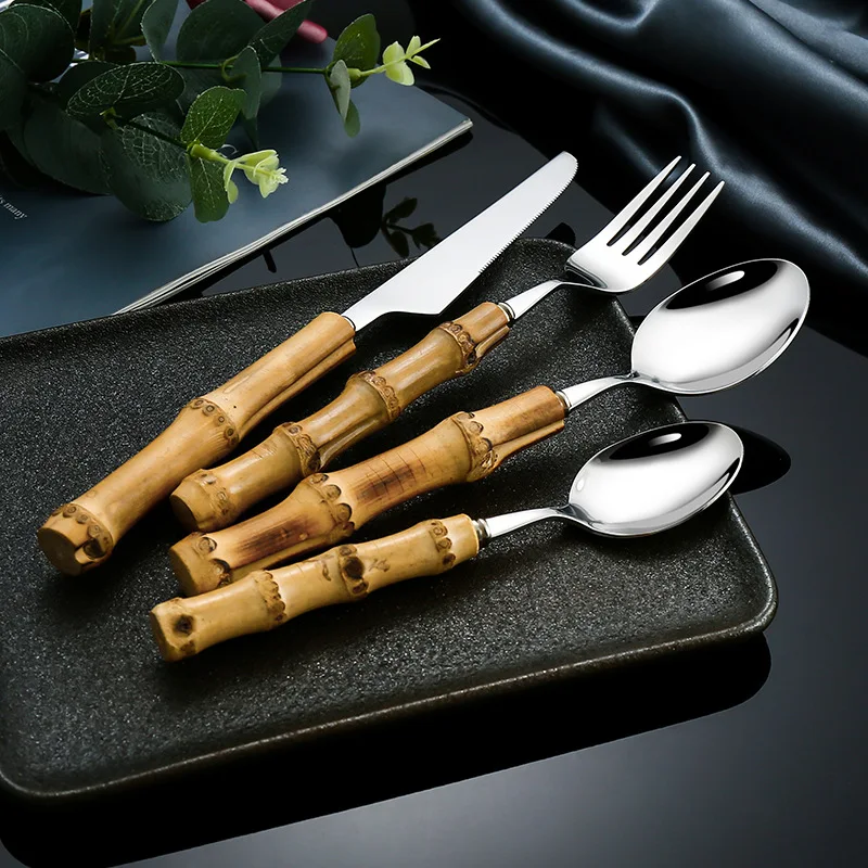 Dinnerware Sets Original Nature Bamboo Handle Stainless Steel Upscale Cutlery Fork Spoon Home Kitchen Tableware Drop Ship