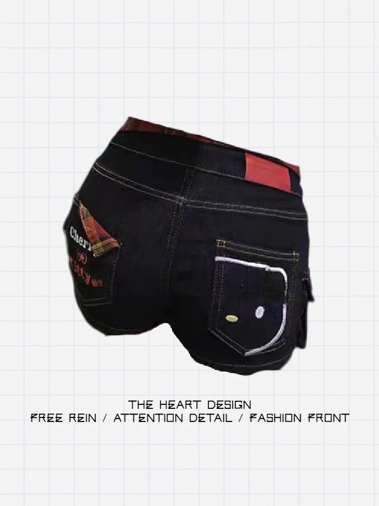 

Retro American Kit Embroidered Denim orts Women's Summer High Street Design Plaid Patchwork Bodycon Hot Pants